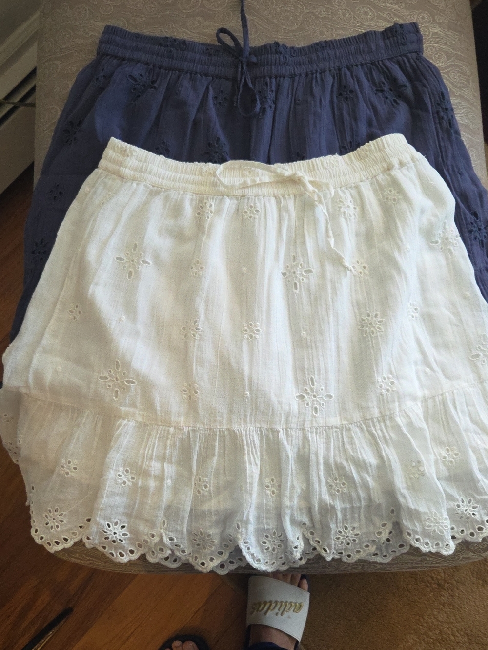 aerie White and Navy Eyelet Tiered Mini Skirts